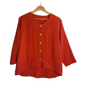 Fridaze 100% Linen Button Up Blouse Top 3/4 Sleeve Lagenlook Minimalist Rust L
